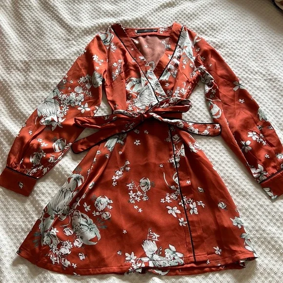 missguided red floral dress Missguided red floral frill waist v neck smock